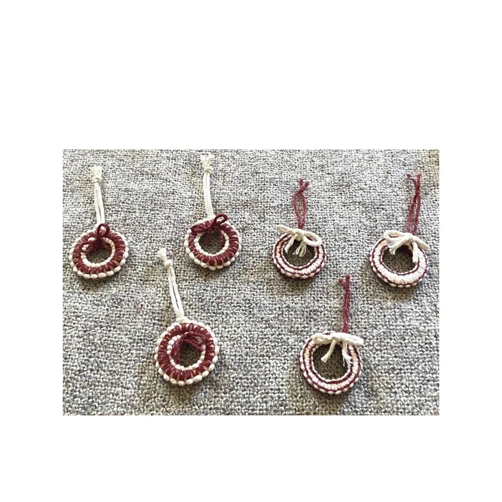 Handmade 6 pack of wool yarn wreath ornaments Burgundy/Cream Holiday Christmas